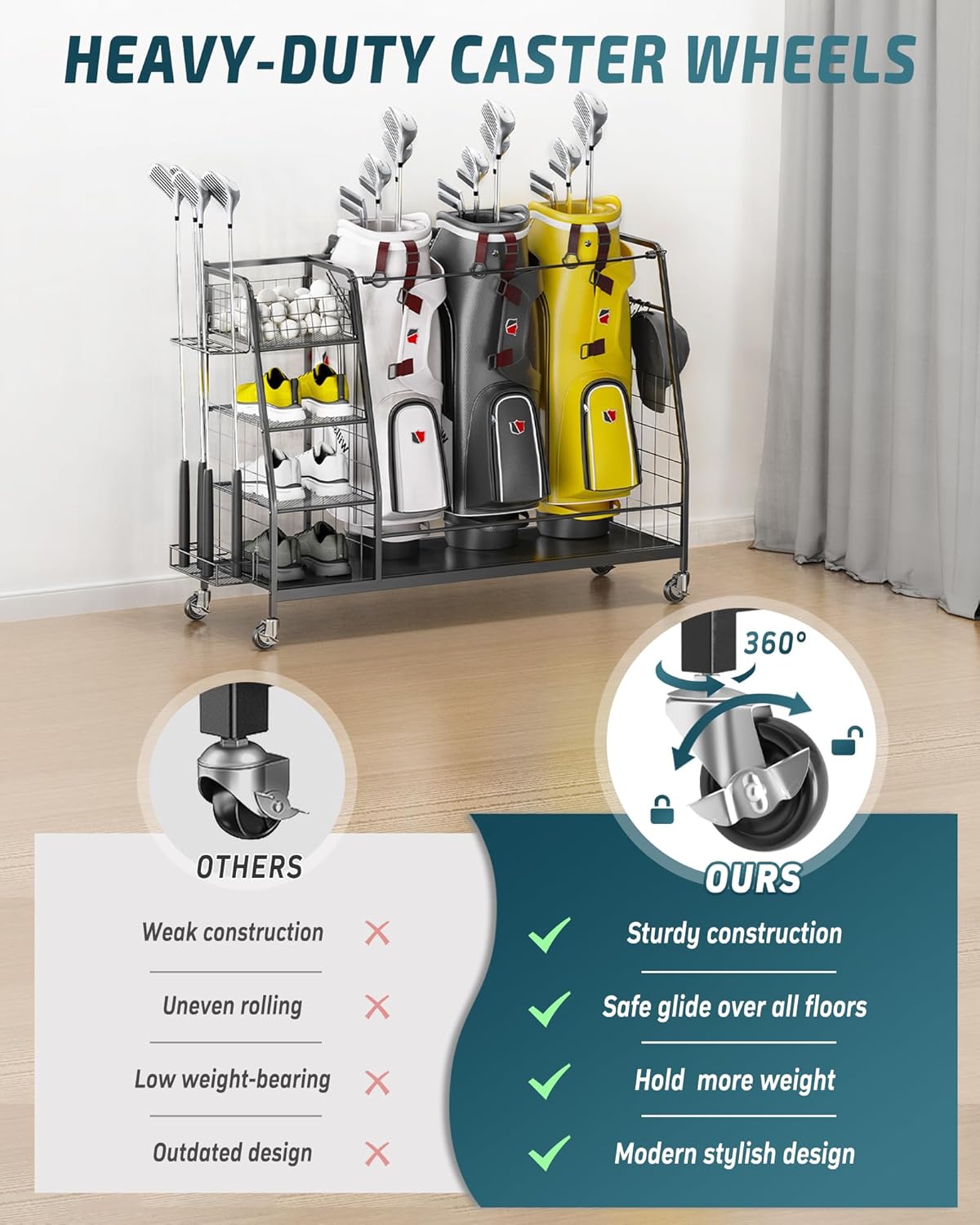 Golf Bag Organizer for Garage - 3 Golf Bag Storage Rack with Lockable Wheels - Golf Equipment Stand - Golf Clubs Bags Accessories Holder