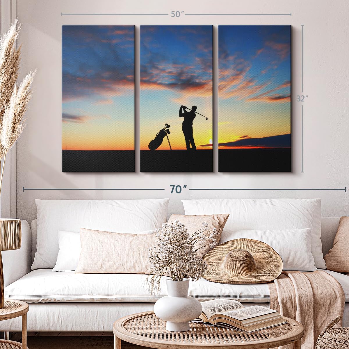 ElephantStock Golfing At Sunset Wall Art - Horizontal Canvas - 3-Piece Living Room Wall Decor - Golf Photography Canvas Print - Black and Orange Decor for Wall - 50" X 32"
