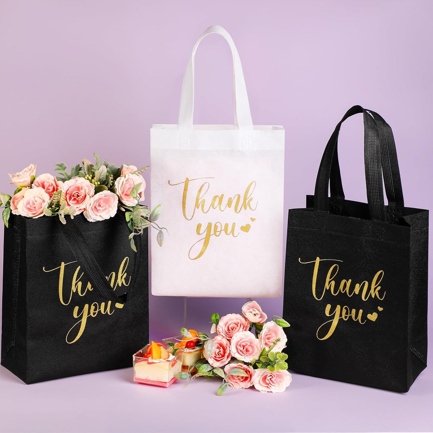 Sweetude 30 Pcs Thank You Gift Bags with Handles Bulk Reusable Goodie Bag Non Woven Foldable Handbag for Graduation Wedding Bridesmaid Gifts(10 x 8 x 4 Inch,Black, White)