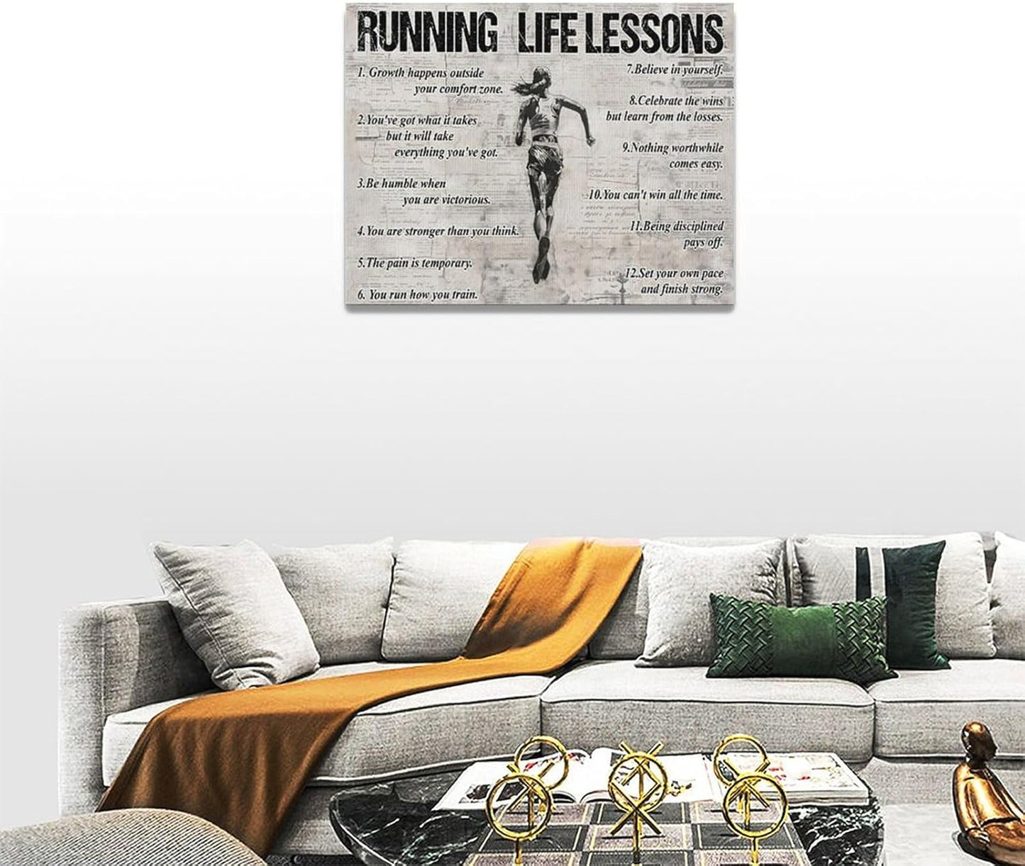 Vintage Running Sports Wall Art Running Life Lessons Wall Decor Running Sign Retro Poster Girl Teenager Room Motivational Decorations Canvas Print Painting Artwork for Bedroom Living Room 16"x12"