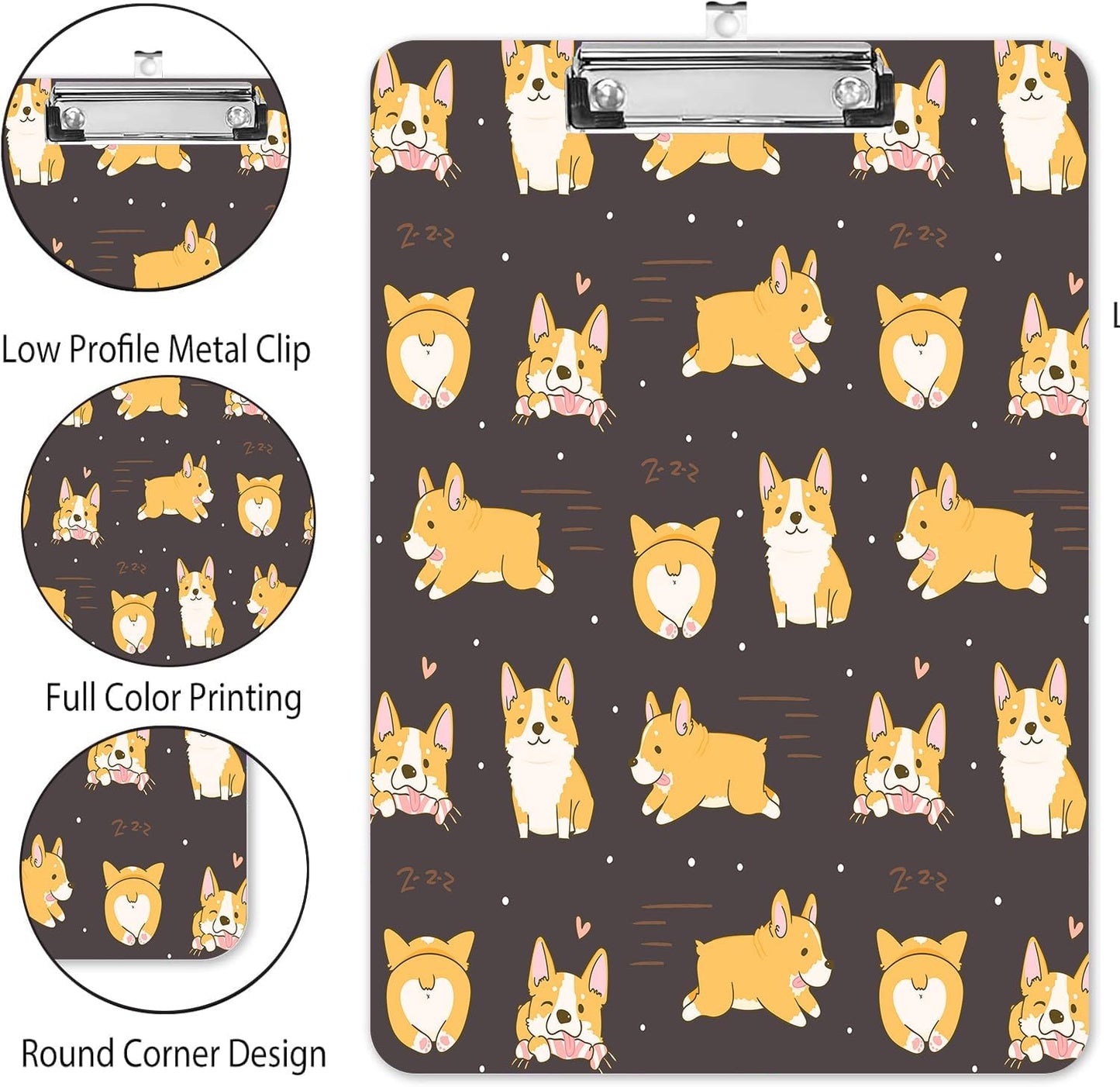 Fashion A4 Clipboard, Standard Letter Size 9" x 12.5", Decorative Wooden Clipboard with Low Profile Metal Clip for Office, School, Teachers, and Students, Kawaii Corgi Dogs
