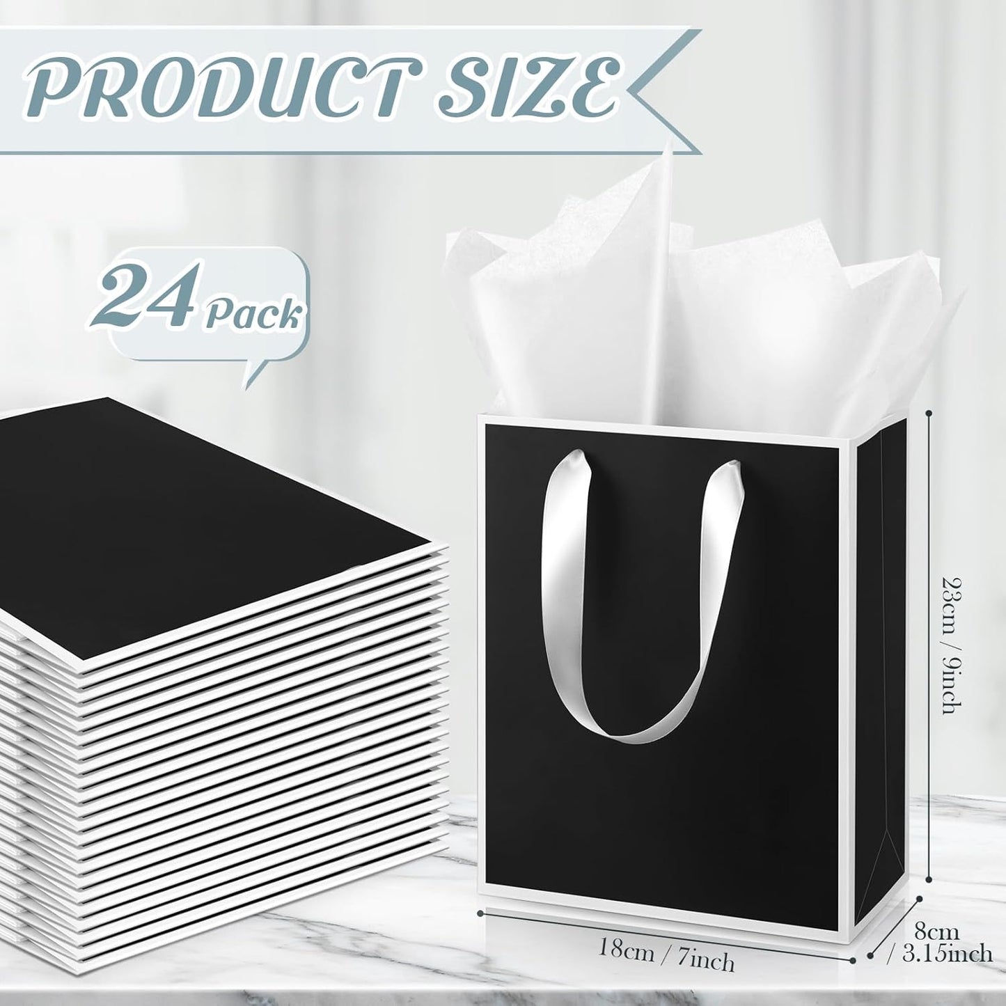 Yeaqee 24 Pack Metallic Paper Gift Bags with Handle and Tissue 9x7x3.1 Gold Foil Welcome Favor Bags Return Gifts for Wedding Fall 5 Senses Christmas Bridesmaid Birthday(Black, White)