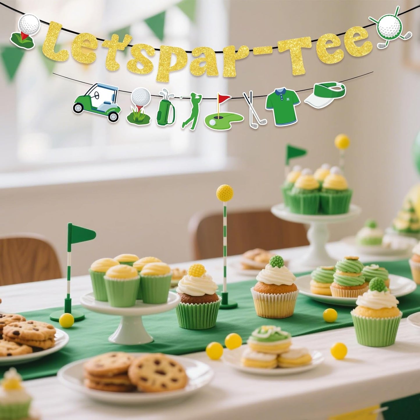Let’s Par-Tee Banner, Pre-Strung Golf Theme Birthday Banner Glitter Garland Hanging Golfer Birthday Decorations Retirement Party Decor for Sport Lovers Photo Props Baby Shower Party Supplies