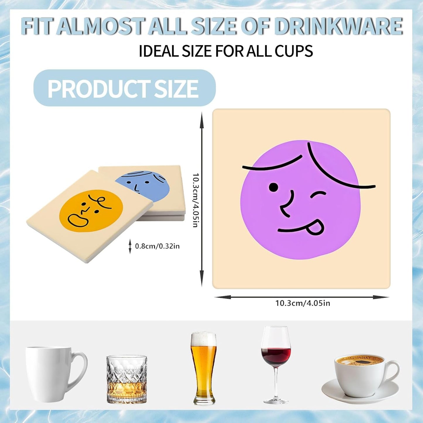 MAYCARI Cartoon Emotional Face Coasters Set of 6 Cork Backed Cute Coasters with Metal Holder Original Ceramic Surface Drink Cup Mats for Tabletop Protection Modern Desk Decoration Birthday Gifts