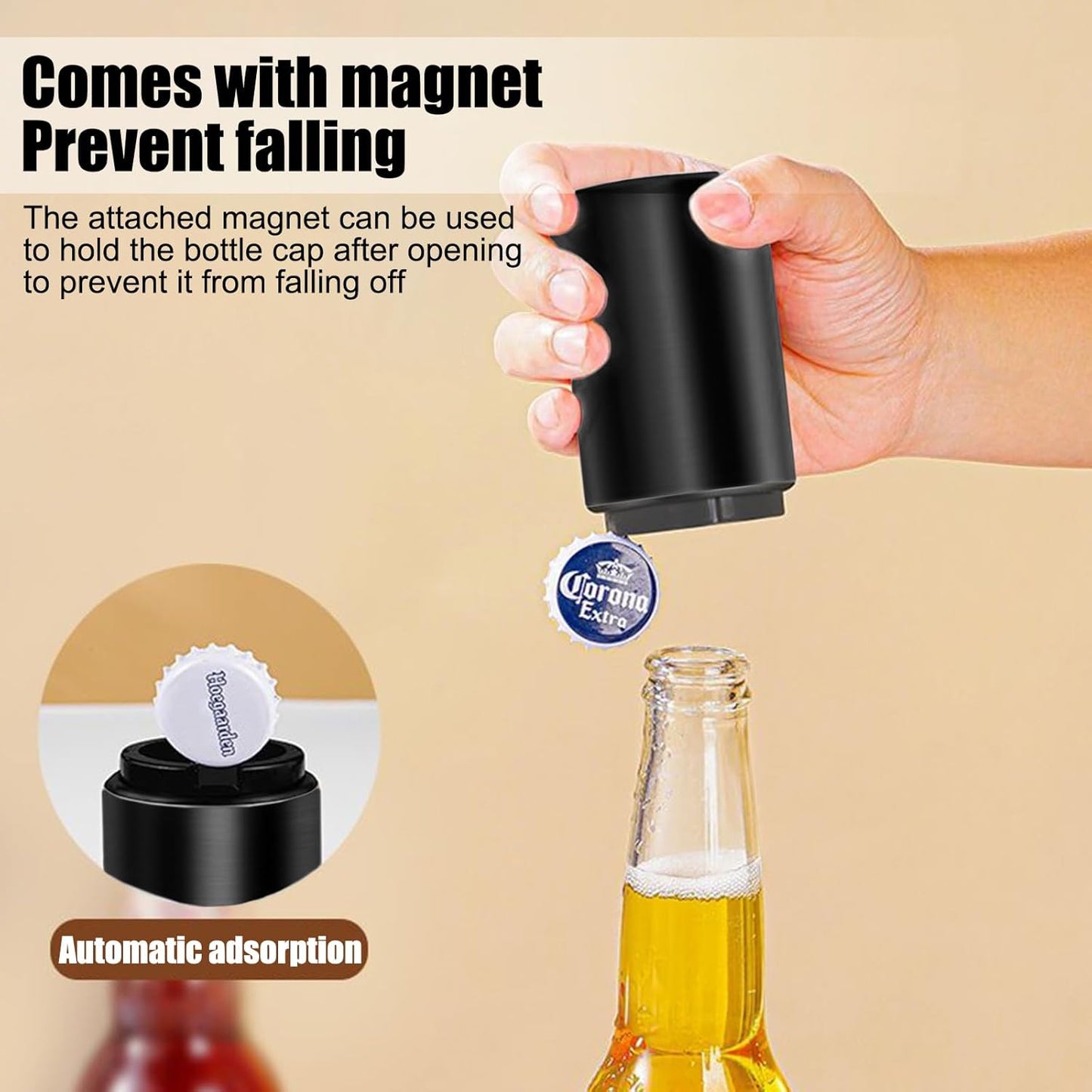 Beer Bottle Opener Destapadores de Cerveza, Automatic Bottle Cap Opener, Down-Pop Off Beer Bottle Openers for Seniors with Magnetic Cap Catcher, Cool Bartender Tools, Men Beer Gift（Black）