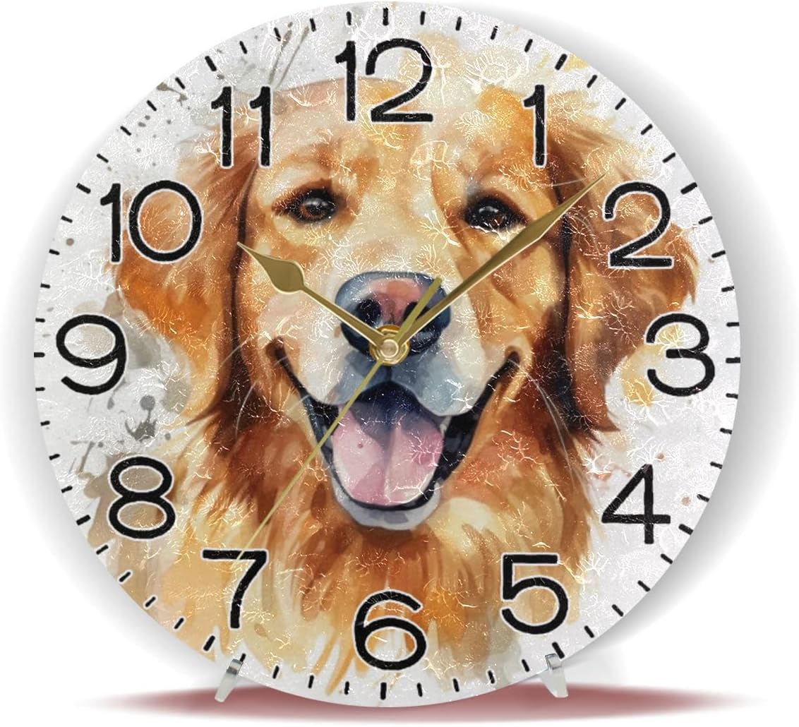 Golden Retriever Dog Wall Clock Battery Operated Non Ticking Silent Quartz Analog Rustic Farmhouse Round Clock Retro Decor for Home Kitchen Living Room Bathroom
