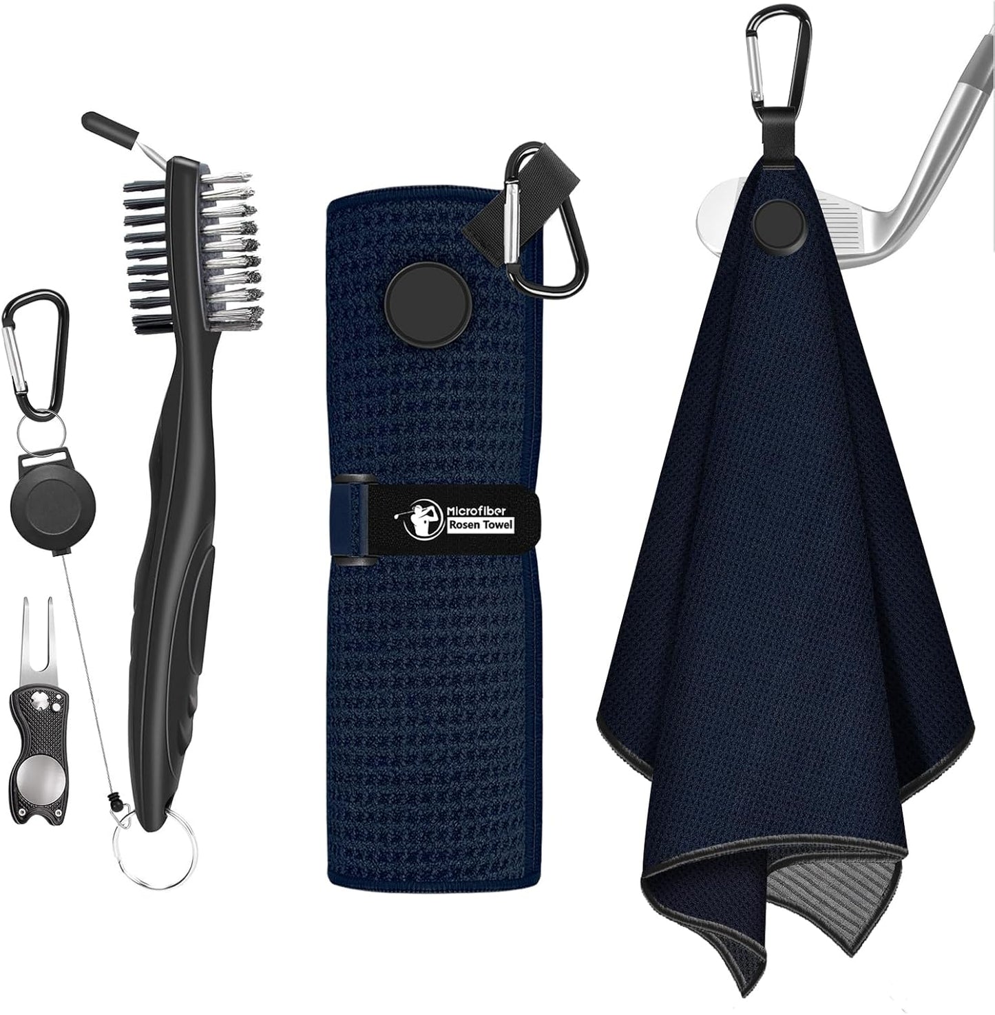 Magnetic Golf Towel, Microfiber Golf Towel with Brush and Divot Tool for Men, Industrial Strength Magnet Accessories for Strong Hold to Golf Bags, Carts or Clubs (Black)