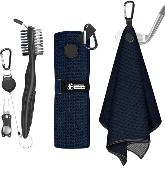 Magnetic Golf Towel, Microfiber Golf Towel with Brush and Divot Tool for Men, Industrial Strength Magnet Accessories for Strong Hold to Golf Bags, Carts or Clubs (Black)