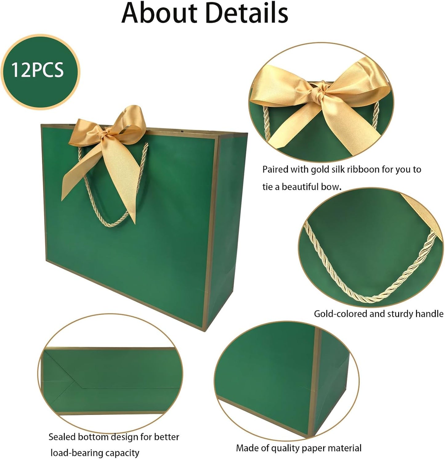 TKSBAG 12PCS Gift Bags Medium Size with Handles, 12.5 x 9.8 x 4.3 In Green Gold Thank You Bags with Bow Ribbon for Wedding, Birthday, bridesmaid, Party Favors, Thanksgiving, Christmas