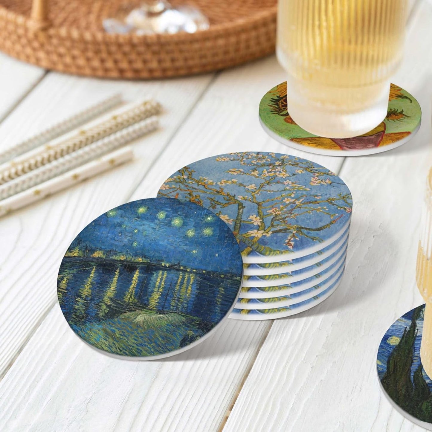 Van Gogh Art Absorbent Drink Coasters with Holder, Set of 6 Ceramic Coasters with Cork Base for Table Decor