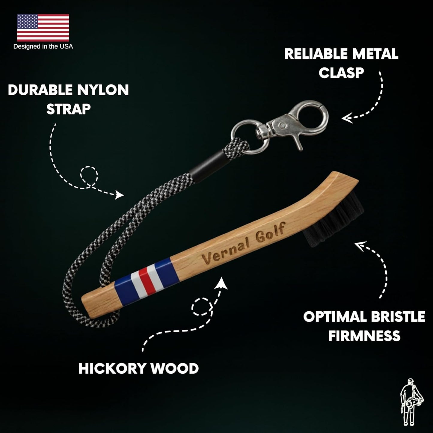 Golf Brush Made from Hickory Wood, Golf Club Groove Cleaner with Secure Clip Attachment for Bags and Carts - Golf Gifts for Men