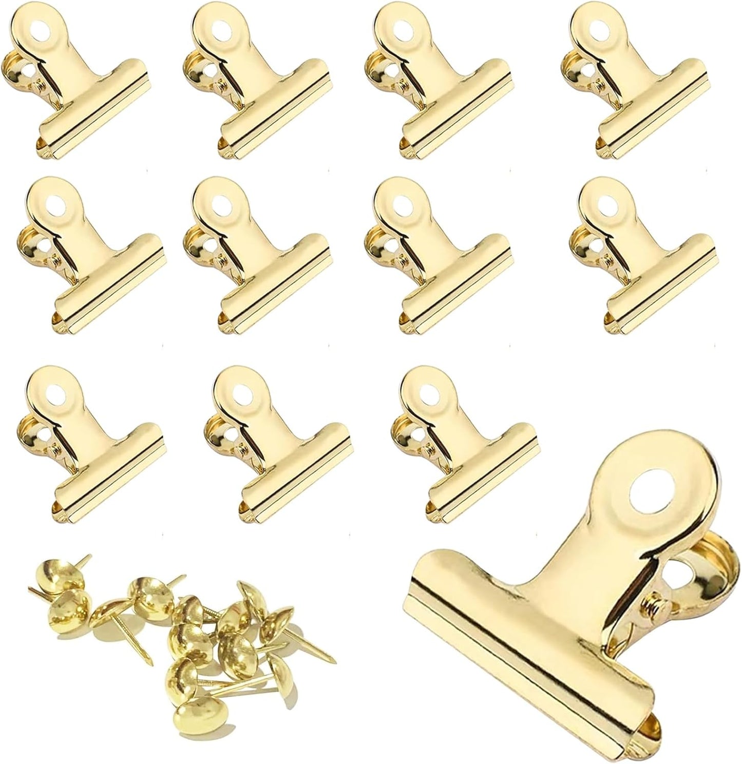 12 Pack Bulldog Clips with Push-pins for Corkboard,Metal Clips for Crafts, Metal Binder Clips for Pictures, Spring Paper Clamps for Office Documents (Gold,1.5inch)