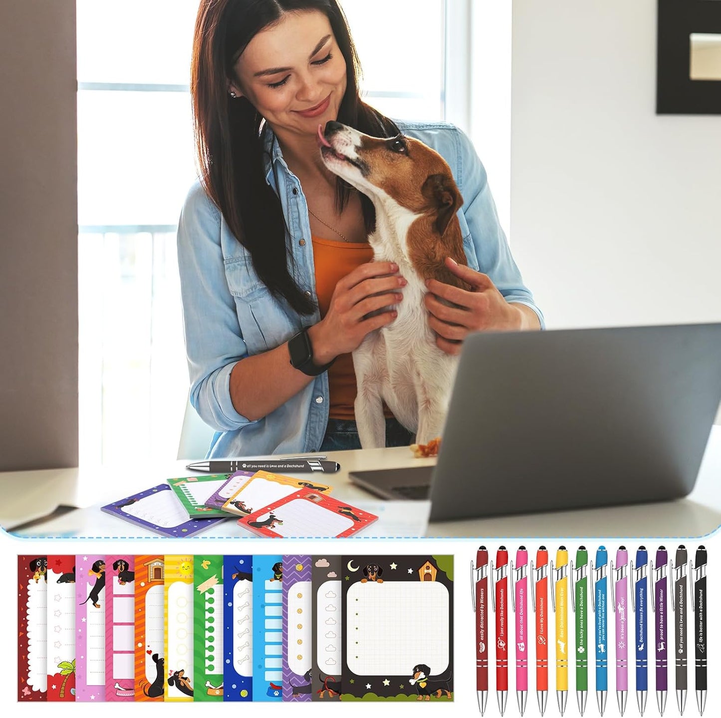 Geyee 24 Pcs Dachshund Sticky Notes with Funny Pens Fun Notepads for Adults Dog Lover 3 x 4 Inch to Do List Notepads with Sayings Pen for Christmas Lab Week Gifts Home Office Supplies