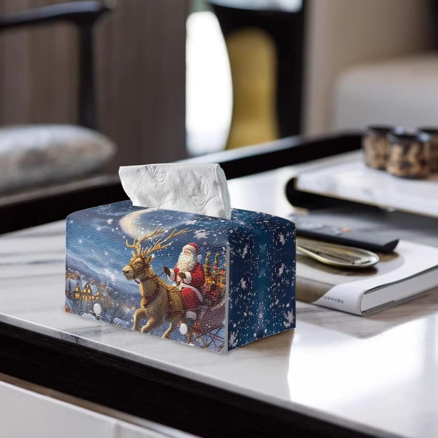Christmas Santa Claus Print Pretty Tissue Box Bathroom Decor PU Leather Tissue Cover Decorative Organizer Large Capacity Design Rectangular Tissue Box Cover for Car