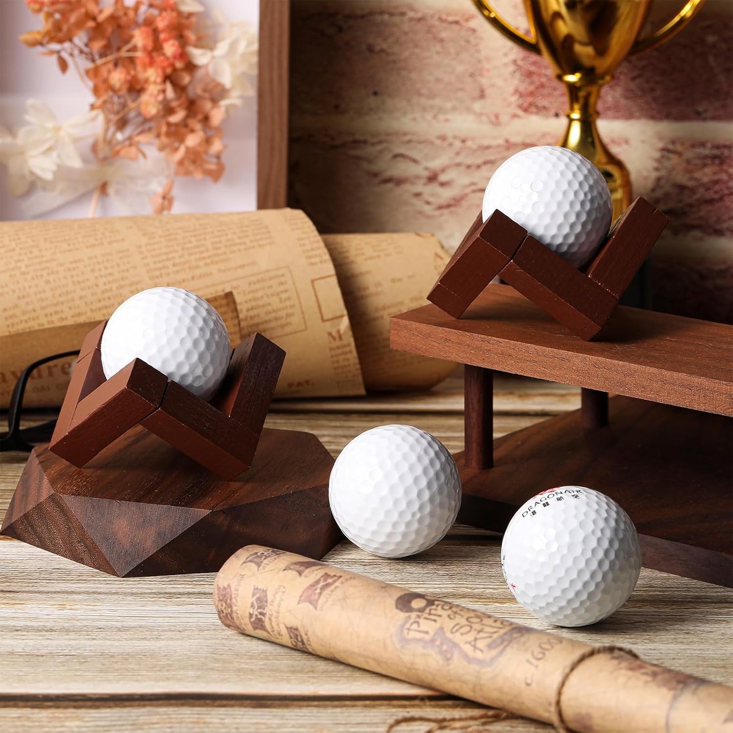 3 Pack golf ball display stand 1.97 Inch Wooden Golfball Display Case Baseball Rack Holder for Souvenir Collections Tabletop Decor Men Golf Enthusiasts(Walnut Color)