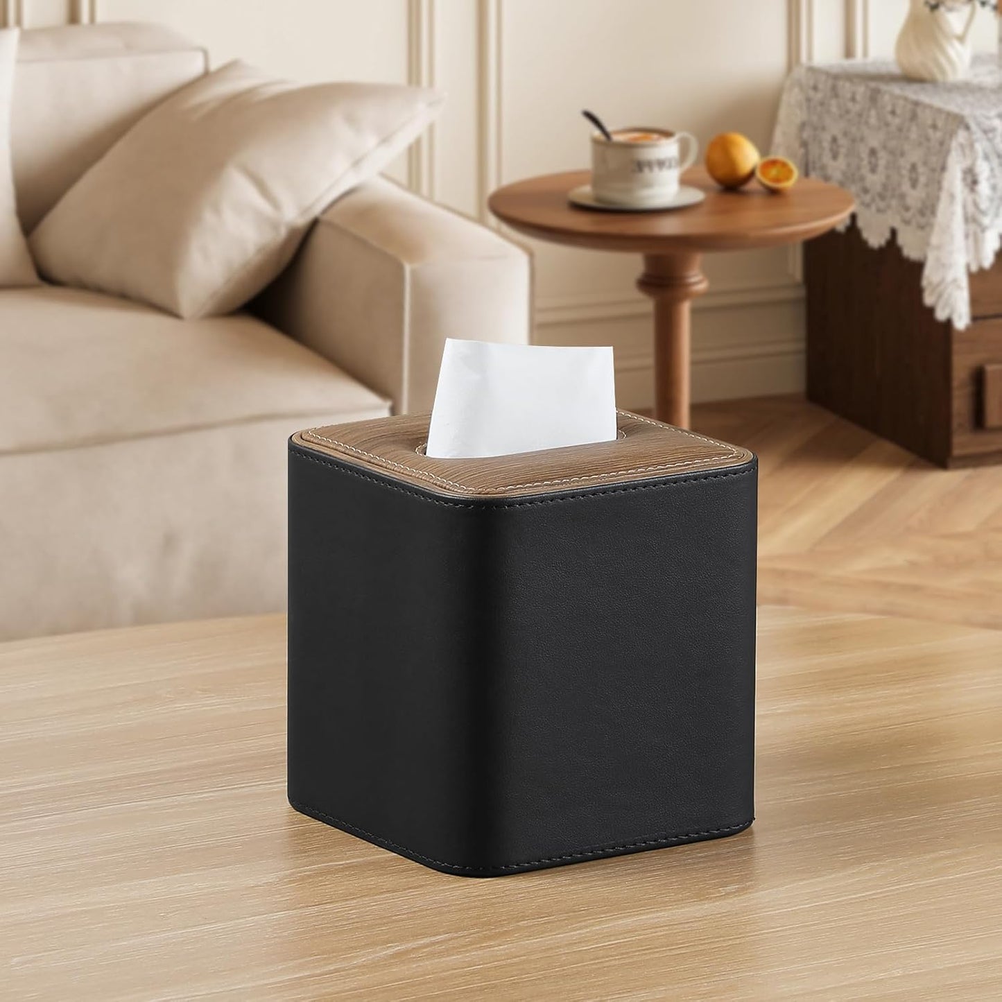 Tissue Box Cover Square, Modern PU Leather Tissue Holder with Magnetic Closure for Bathroom NightStands, Decorative Square Tissue Box Holder (Black)