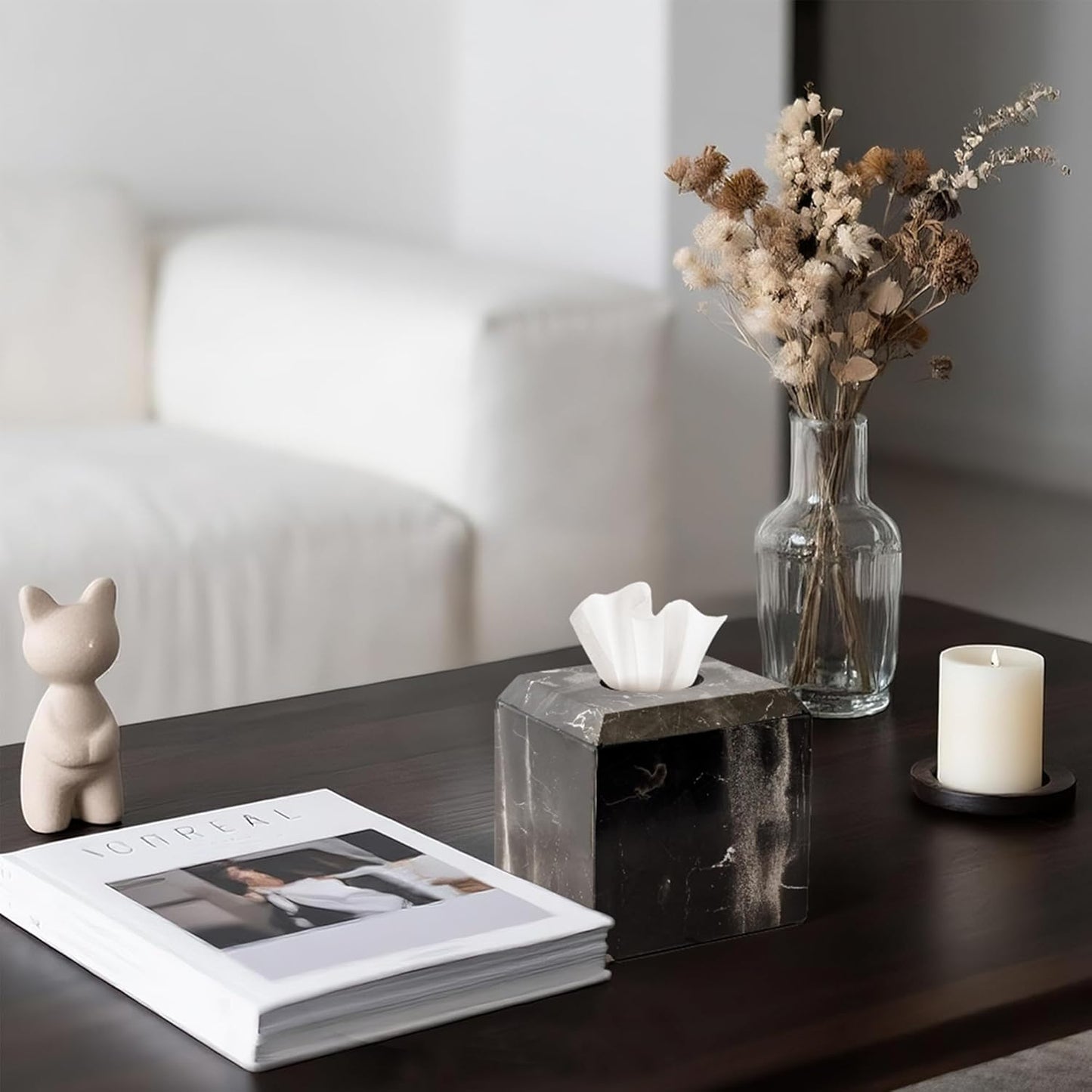 WORHE Tissue Box Cover Italy Natural Marble Heavy Duty Square Facial Toilet Paper Holder for Bathroom Living Room Bedroom Dresser Kitchen Minimalistic Office Home Decor Black (WH013)