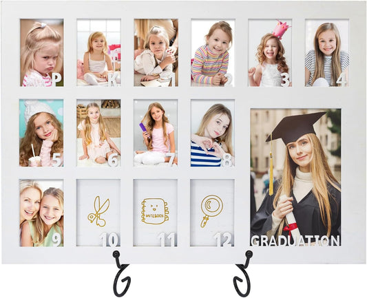 School Years Picture Frame Pre K to 12 White Graduation Gift Collage Frame with Stand Easel, Displays One 4x6 and Twelve 2x3 Wallet Photos