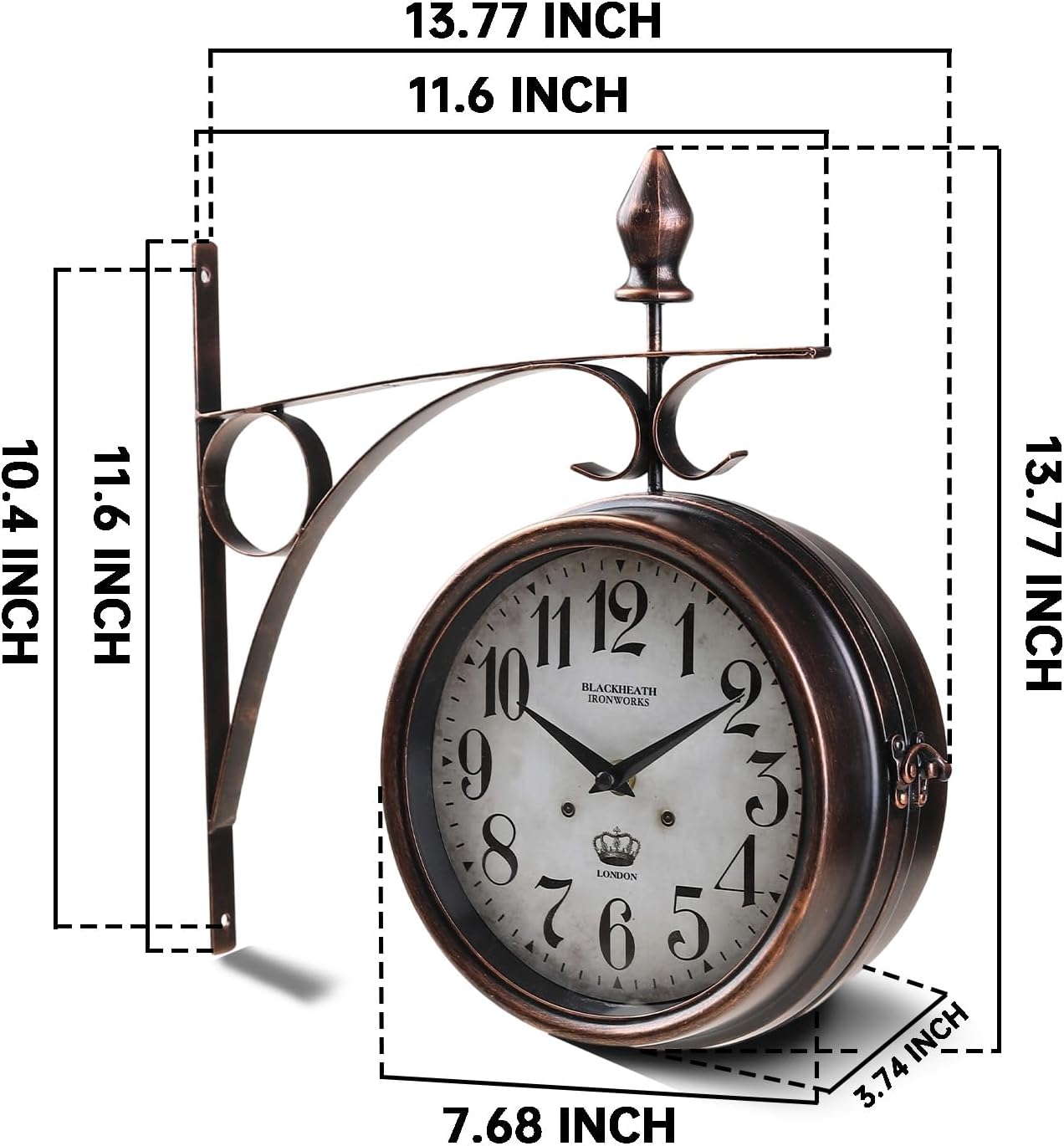 Metal Double Sided Hanging Clock with Retro Brown Sturdy Frame,Glass Lens,Silent Quartz Movement, Indoor/Outdoor Double-Sided Decorative Wall Clock for Home Decor Farmhouse Station Office Garden