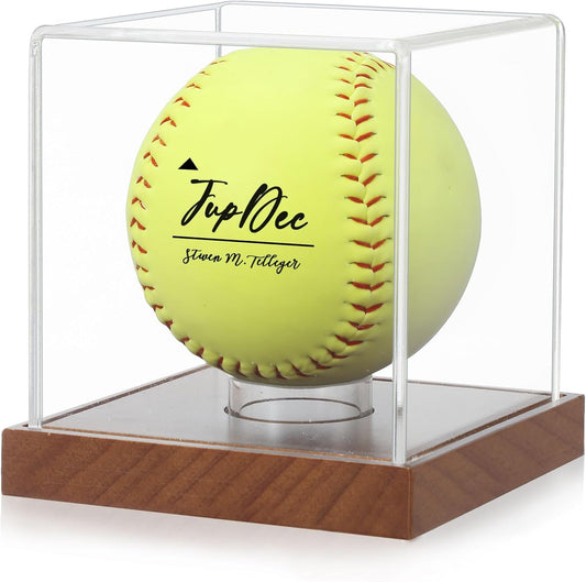 JupDec Softball Display Case Clear Acrylic Ball Holder, UV Protected Cube with Wood Base Stand, Championship Sports Collections Box Showcase