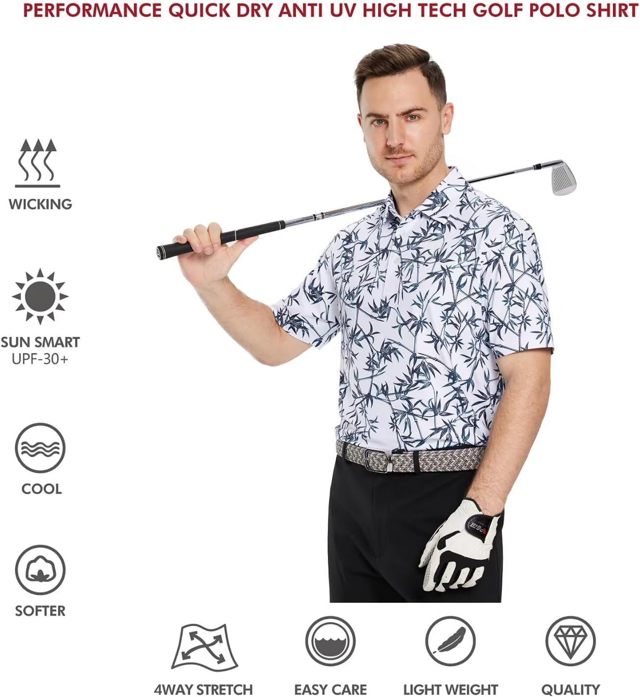 Golf Shirts for Men Dry Fit Short Sleeve Print Performance Moisture Wicking Polo Shirt