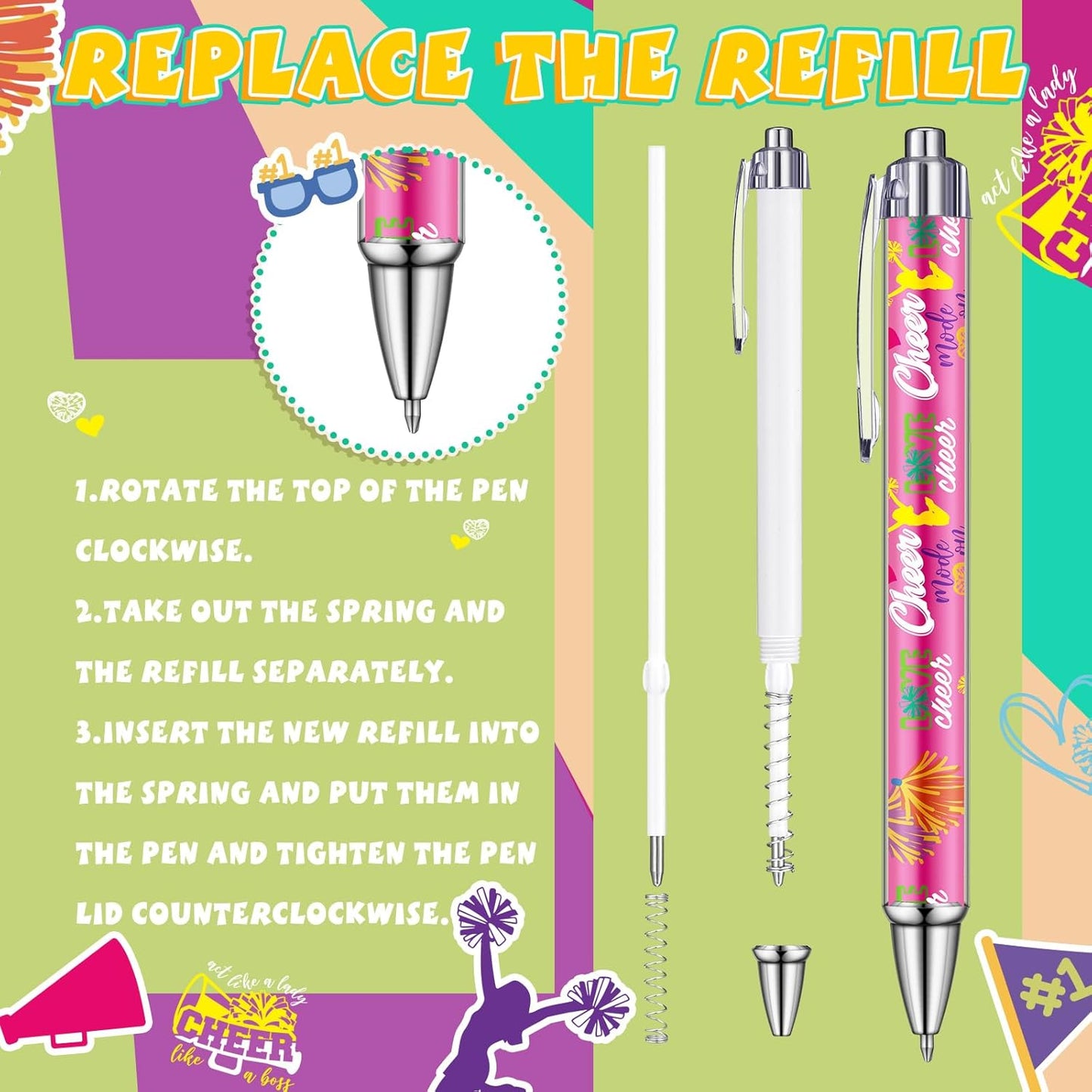 48 Pcs Cheerleader Ballpoint Pens Cheerleader Party Favors Gifts Black Ink Retractable Ballpoint Pens for Gifts Party Supplies Favors Accessories in Bulk