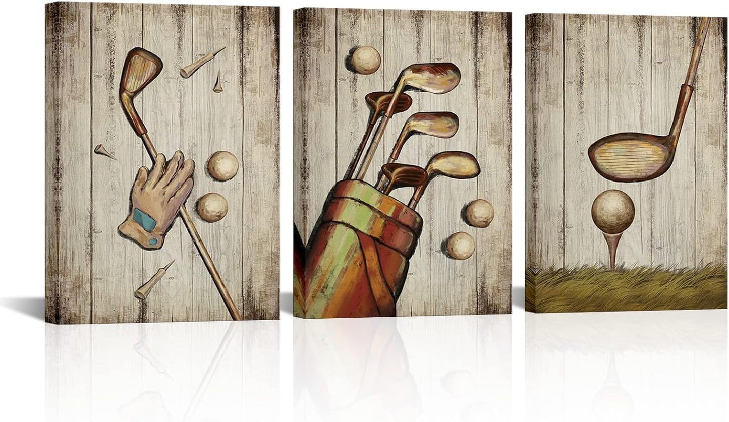 SkenoArt 3 Piece Sport Wall Art Vintage Golf Balls Painting Picture Prints Brown Poster Canvas Artwork Home Gym Office Man Bedroom Decoration Ready to Hang Gifts for Golf Lovers