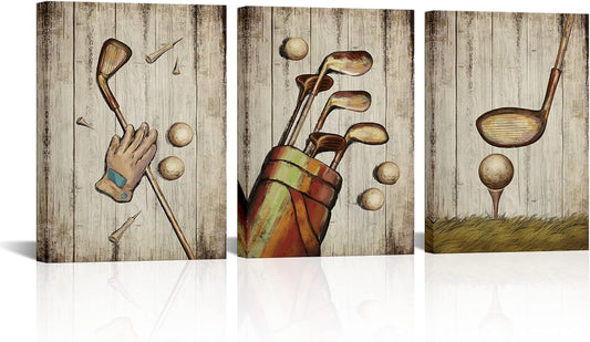SkenoArt 3 Piece Sport Wall Art Vintage Golf Balls Painting Picture Prints Brown Poster Canvas Artwork Home Gym Office Man Bedroom Decoration Ready to Hang Gifts for Golf Lovers