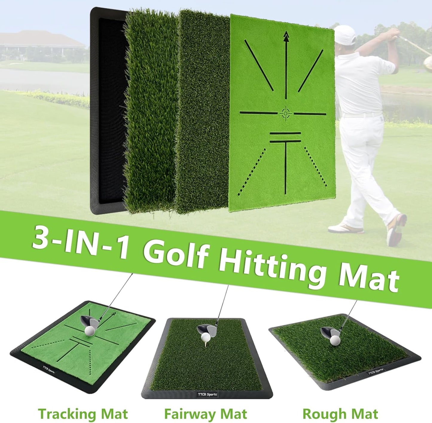 Golf Hitting Mats, Golf Mats Practice Outdoor Indoor, Tri Turf Chipping Mat Training Equipment – 3 Replaceable Pad with Instant Swing Path Feedback for Backyard/Driving Range - 13" x 17"