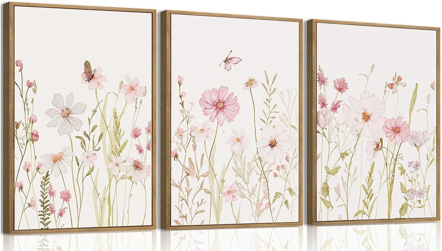 MTFBWY 3Pcs Framed Wildflower Canvas Wall Art – Pink Floral Wall Art Watercolor Prints, Pink Botanical Artwork, Colorful Flower Pictures Decor Printing for Living Room, Girls Bedroom, or Bathroom, 24L" x 16W"