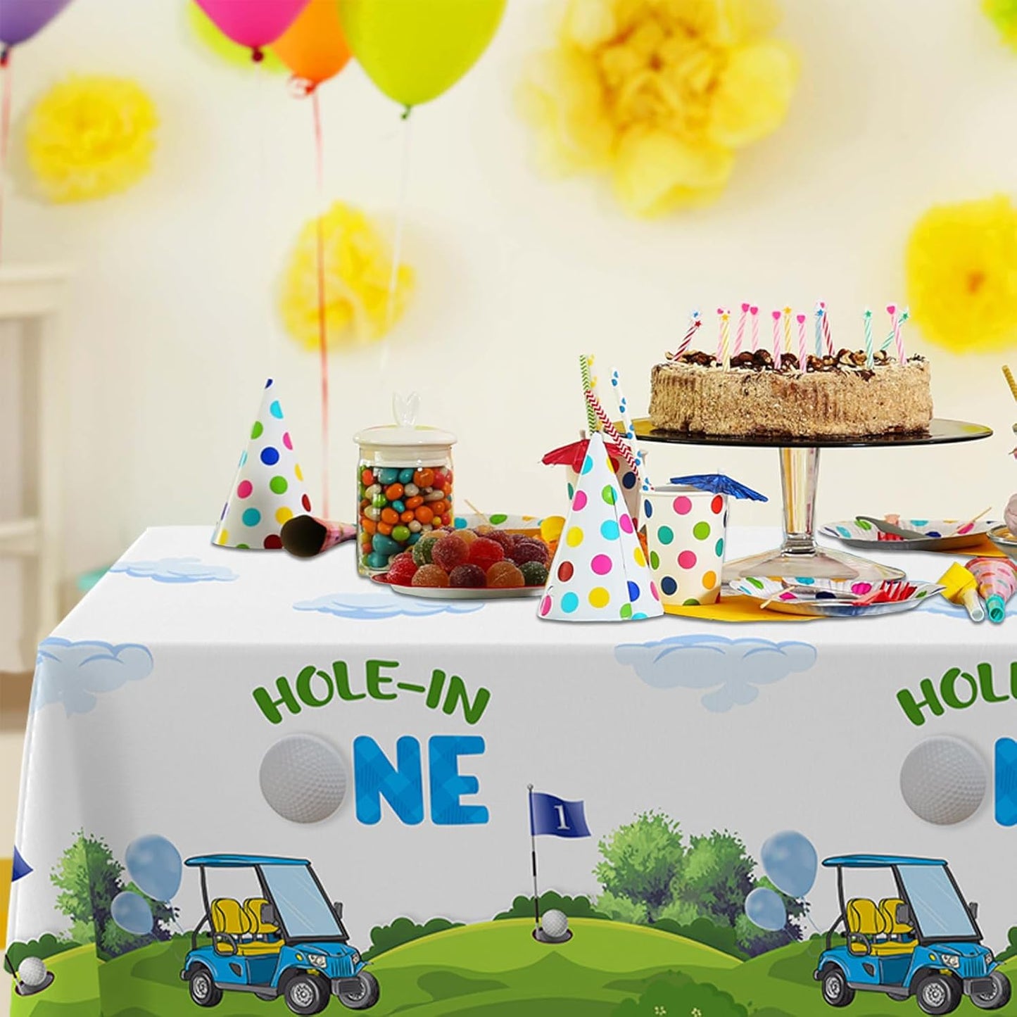 Golf Tablecloths Hole-in One Waterproof Table Covers for Golf Theme Party Baby Shower Kids 1st Birthday Sport Events Decorations Dinner Banquet Supplies 53x108 Inch