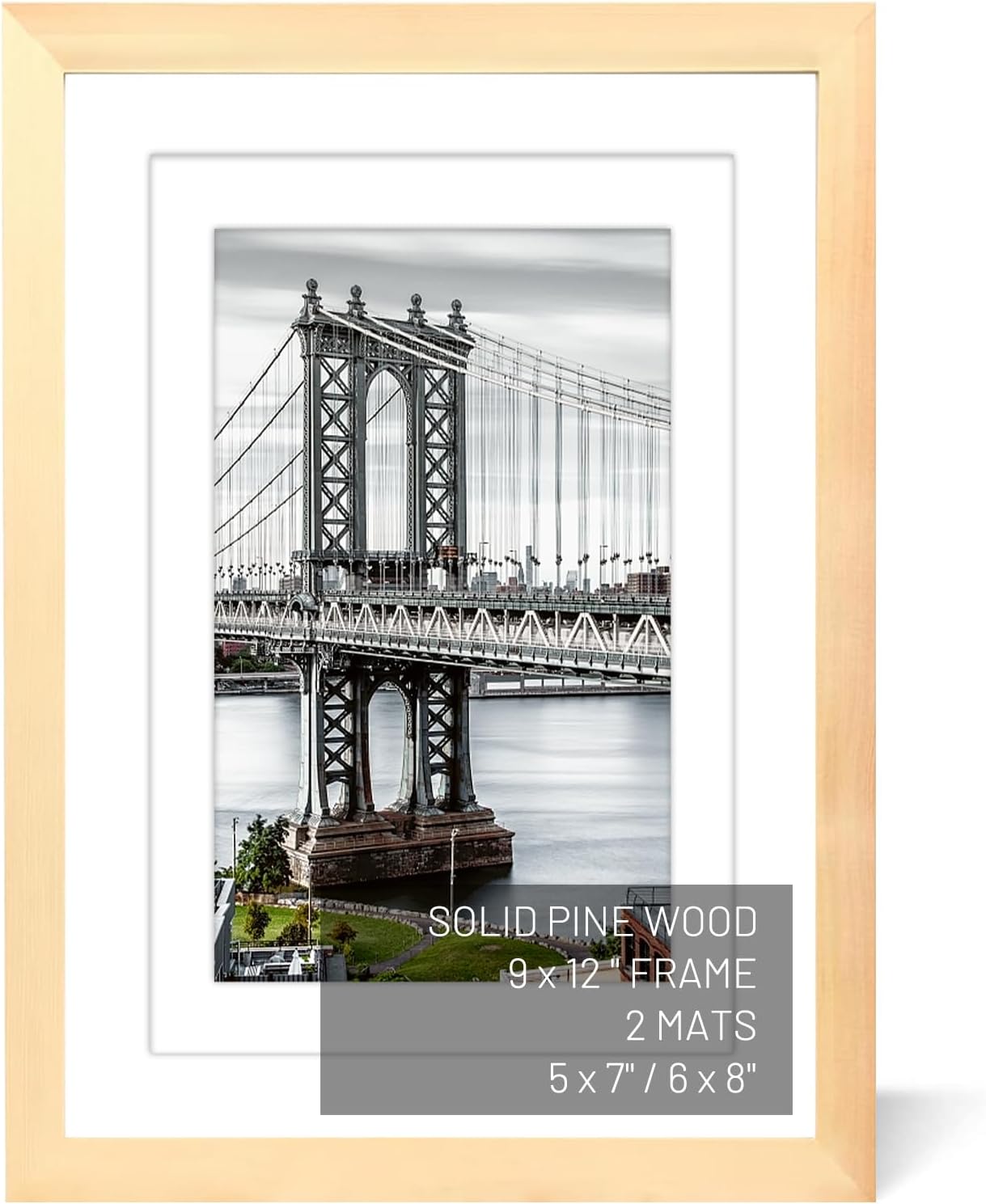 9x12 or 6x8/5x7 Solid Wood Frame with Mat/Matless for Wall Mount or Table Top (Natural)