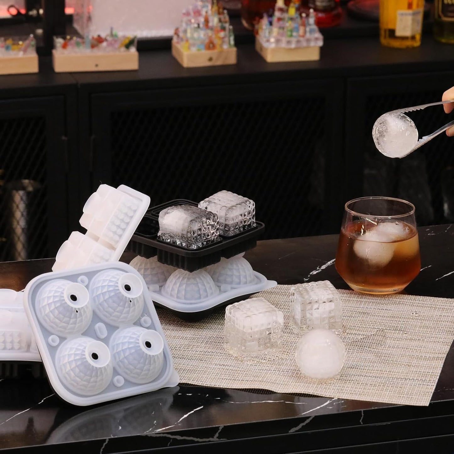 Hoolerry 2 Pcs Silicone Ice Cube Tray Large Square Sphere Golf Ice Tray 4 Hole Fun Shapes Big Ices Cube Mold with Funnel for Whiskey Cocktails Bourbon Chilling White Elephant Gifting(Round,Square)