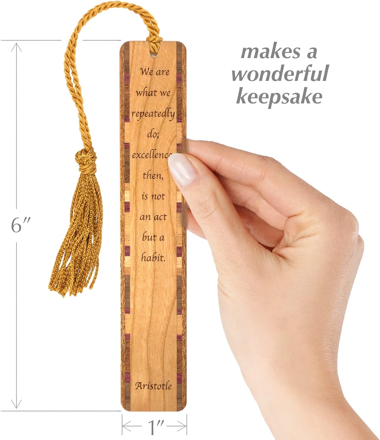 Personalized Aristotle Excellence Quote, Engraved Wooden Bookmark - Made in USA - Also Available Without Personalization