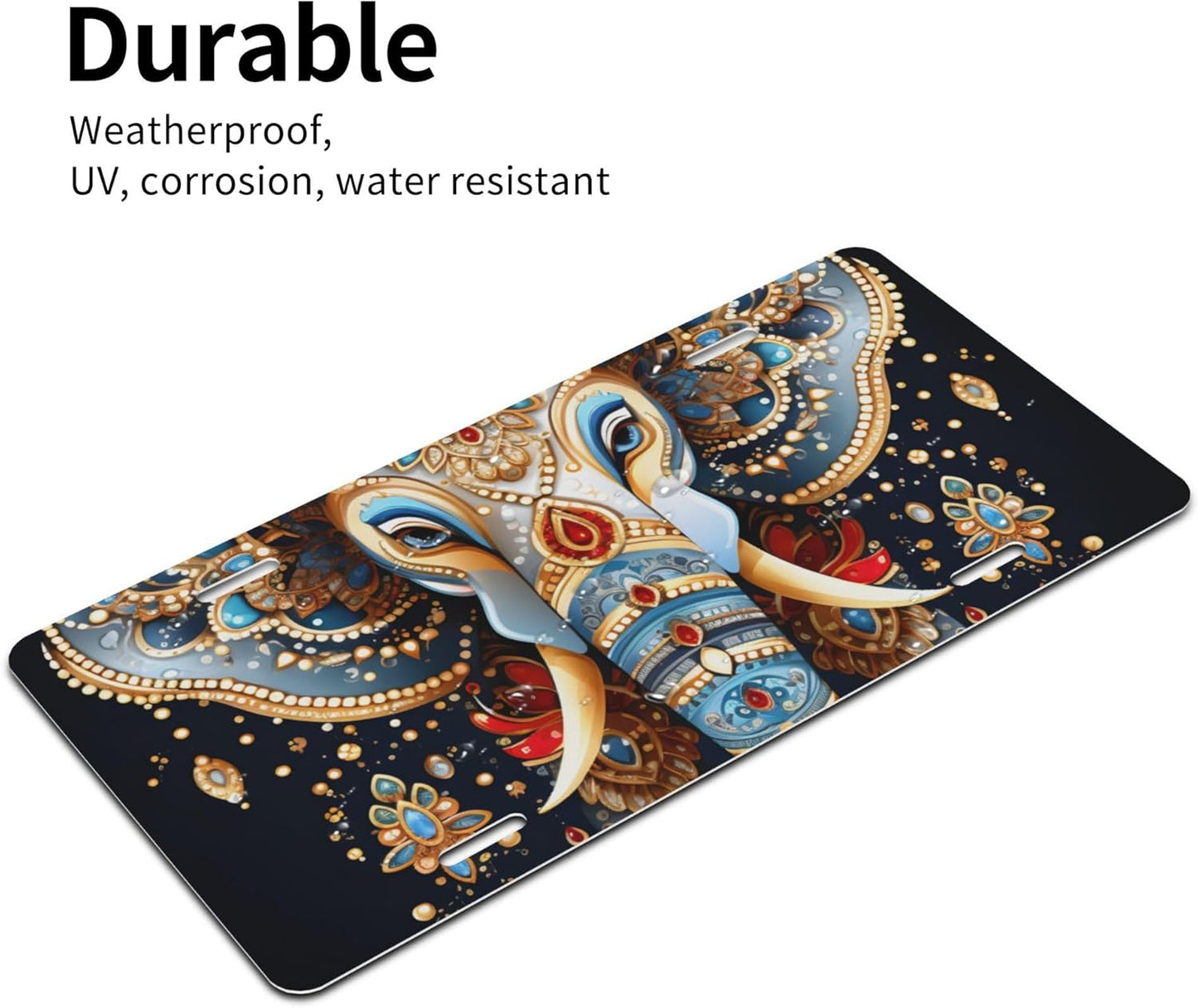 Ethnic Color Animal Elephant Front License Plate for Car Designs Stainless License Plate Cover Holder for Men Women Metal Aluminum Decorative Accessory Vanity Tag Standard 6 X 12 Inch (4 Holes)