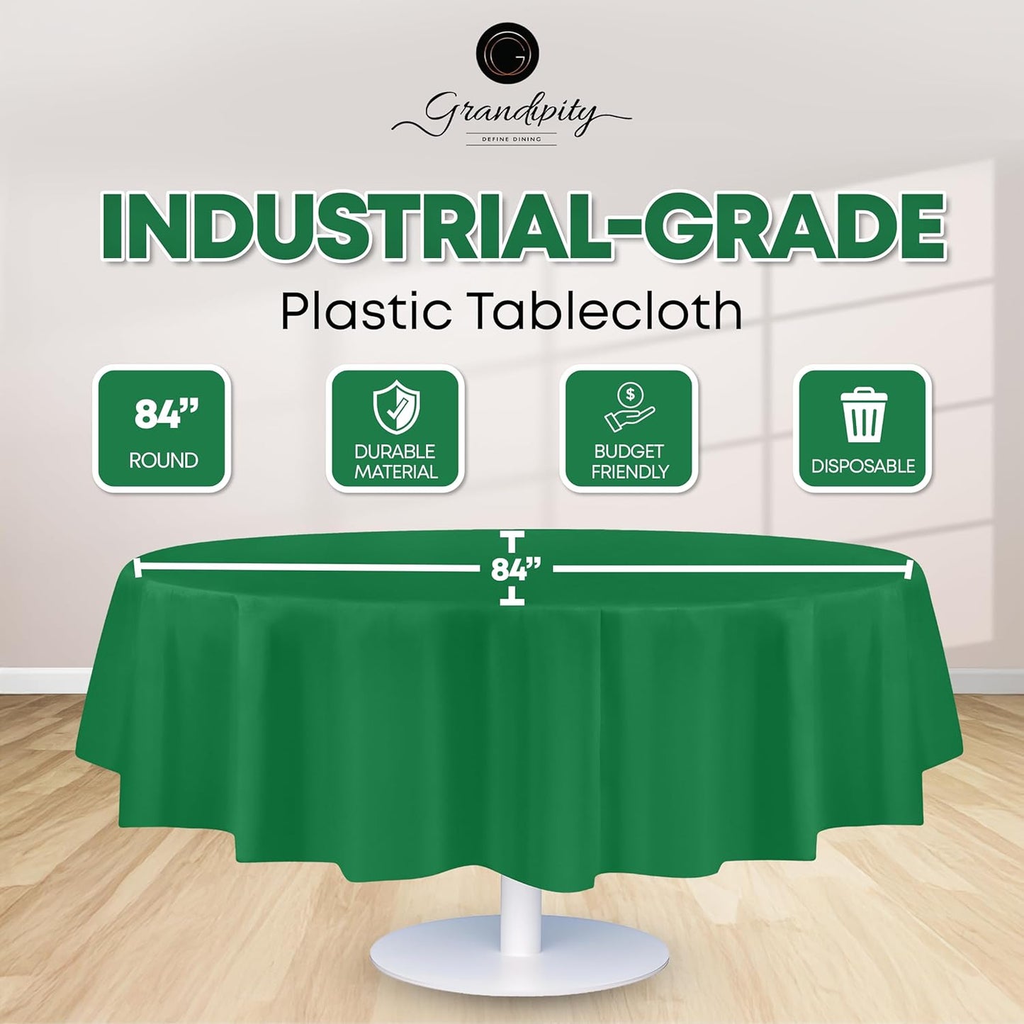 Grandipity 12 Pack Premium Disposable Plastic Tablecloth 84" Inch Decorative Round Table Cover - Green