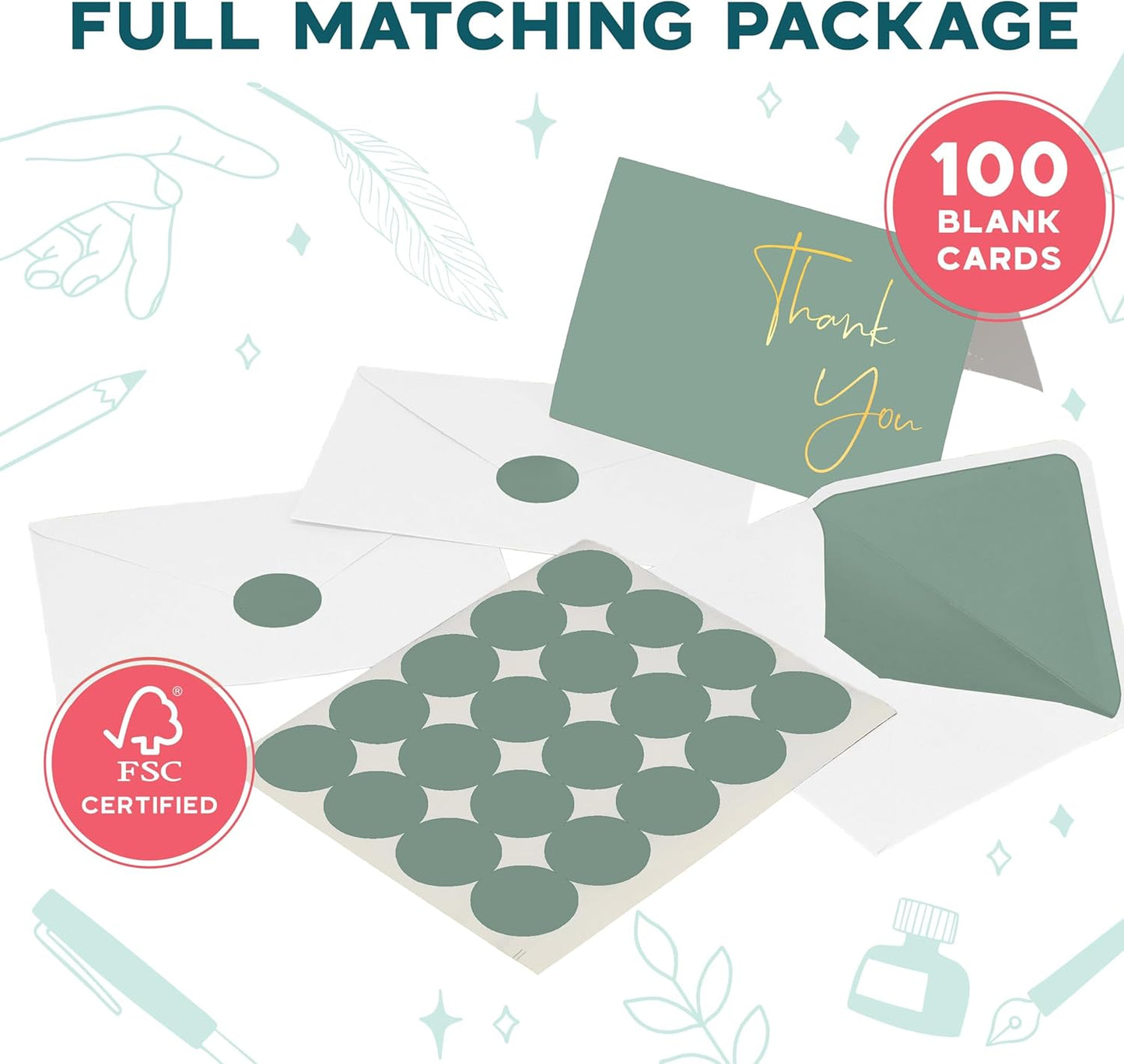 VNS Creations Gold Foil Thank You Cards With Envelopes Bulk Set & Stickers - 100 Pack 4x6 Blank Thank You Notes - Large Note Card Small Business, Wedding, Baby Shower & Bridal Shower - Granite Green