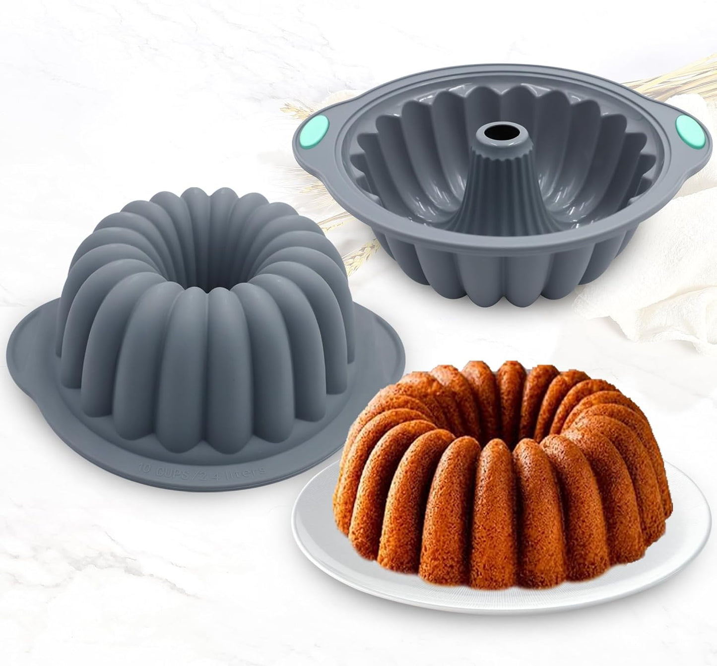 Tongjude 4 Pieces Silicone Fluted Tube Cake Pans, 7 Cups Tube Baking Pan, Jello Mold, Silicone Molds for Homemade Cake, Bread and Jello, Non-Stick, Grey