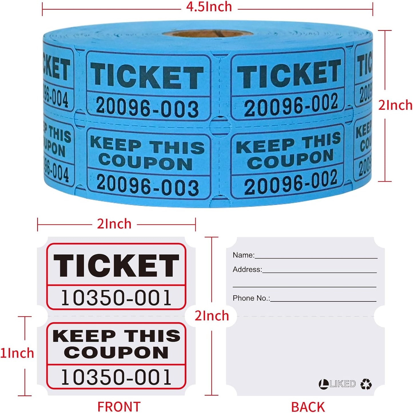 L LIKED 2000 Assorted Raffle Tickets Rolls with Consecutive Numbers 2 Rolls of 1000 Double Tickets-White,Blue