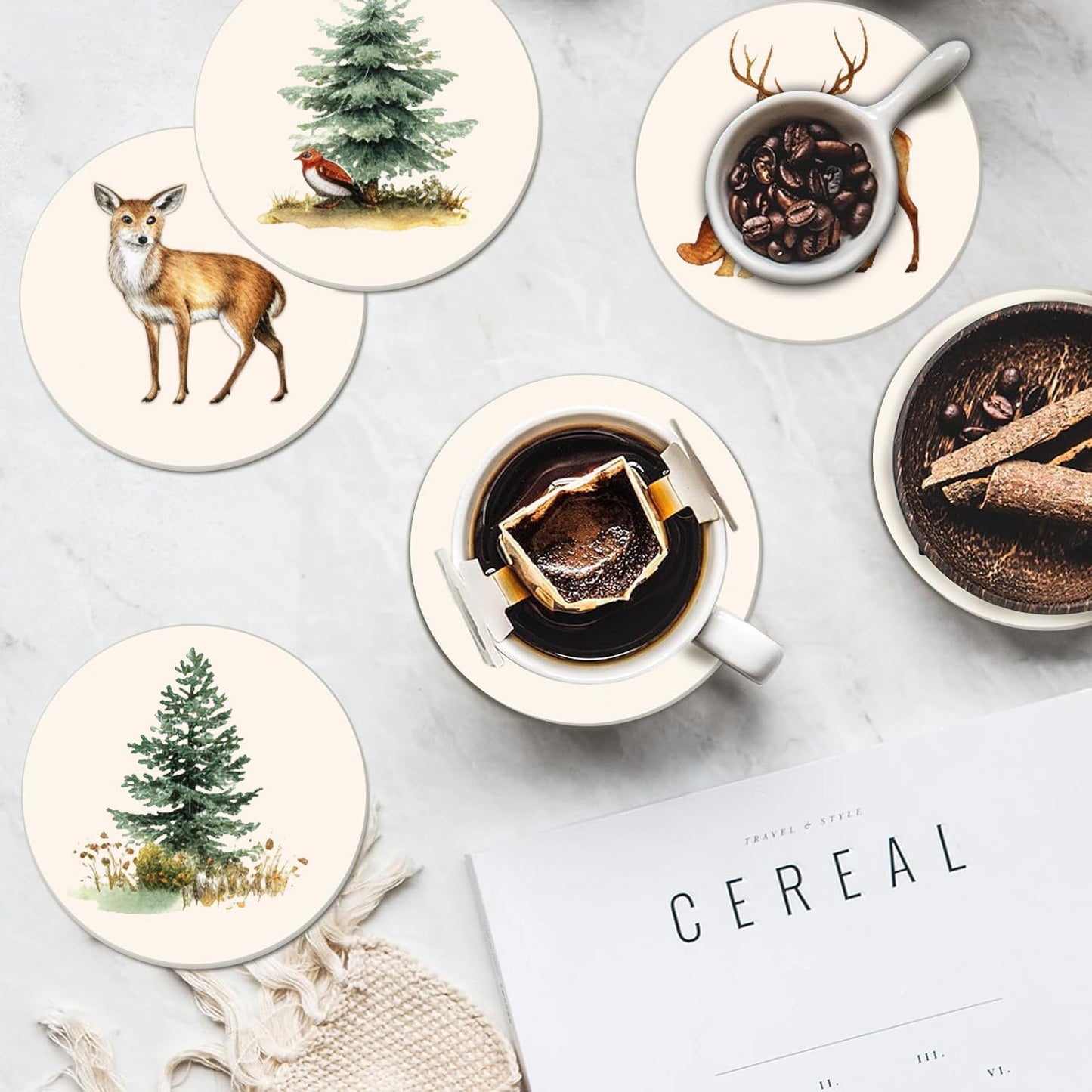 Boho Set of 6 Coasters for Drinks Absorbing Round Ceramic Stone Coaster with Cork Base,Tabletop Protection Mat for Mugs and Cups,Office,Kitchen (Forest)