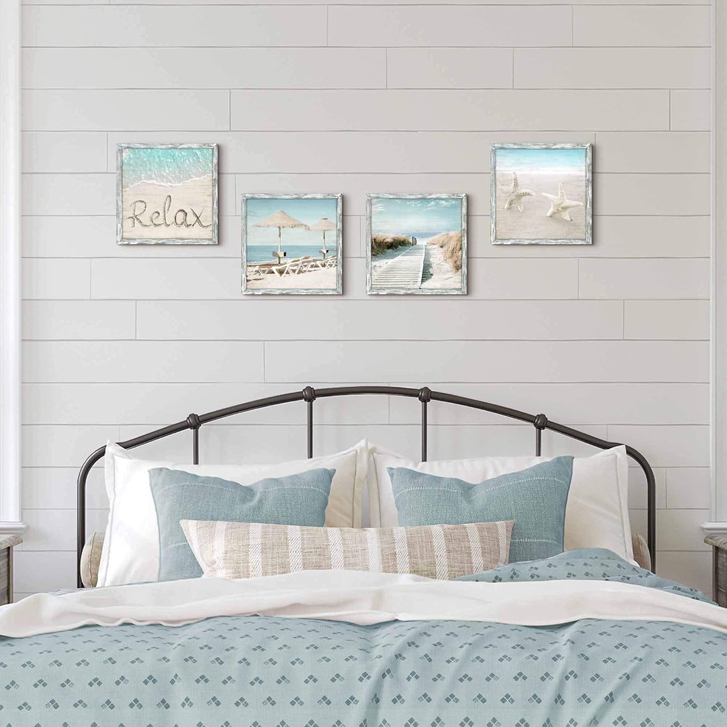 Ocean Framed Wood Wall Art: Beach Picture Seascape Artwork Coastal Prints Starfish Boardwalk Art Collection Wall Decor Set of 4 for Bathroom