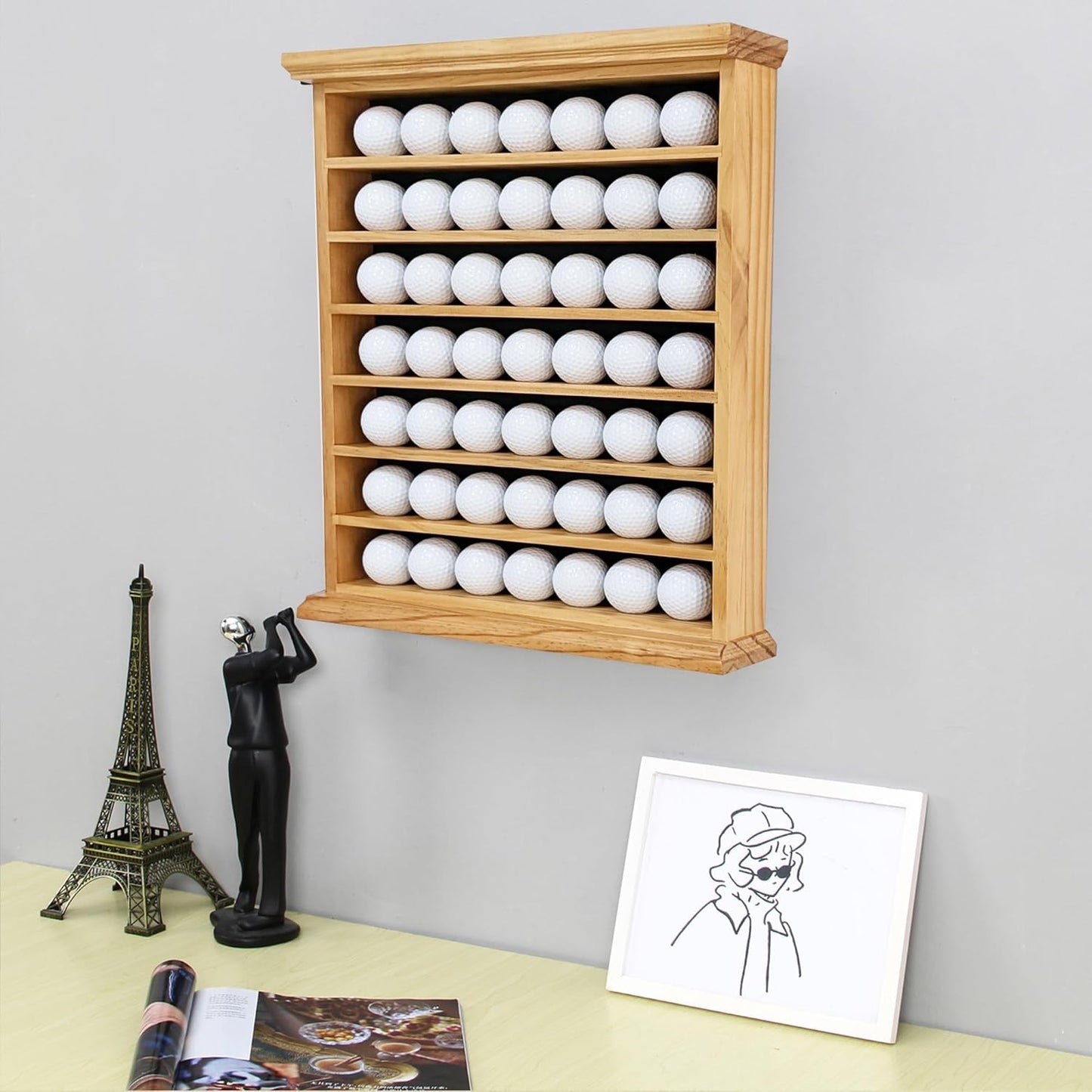 Deluxe Natural Wood Golf Ball Display Cabinet - Showcases Up to 49 Golf Balls - Ideal for Collectors & Enthusiasts