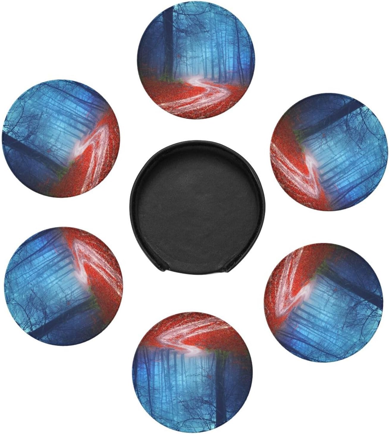 Autumn Forest Misty Road Landscape Coasters for Drinks Round Leather Coaster with Holder Set of 6 for Tabletop Protection Desk Accessories Office Home Room Decor