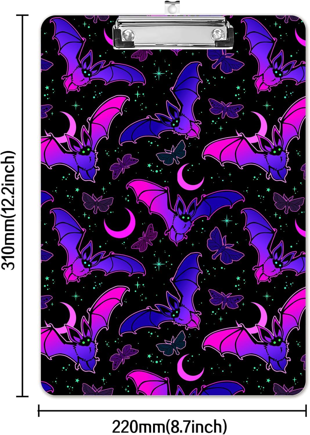 Fashion A4 Clipboard, Standard Letter Size 9" x 12.5", Decorative Wooden Clipboard with Low Profile Metal Clip for Office, School, Teachers, and Students, Purple Bat Gothic