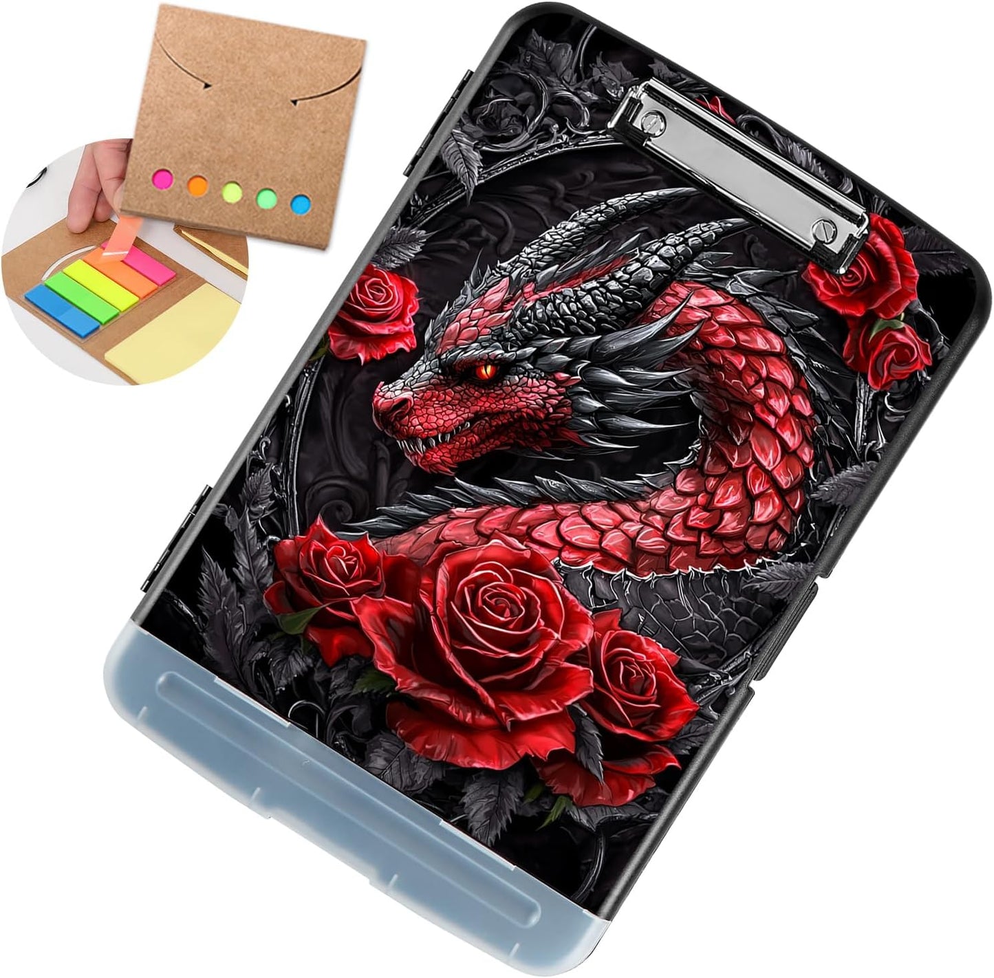 Clipboard with Storage - Large Capacity,Nursing Clipboard with Pen Holder,Heavy Duty,Plastic Side-Opening Folder for Teacher,Nurse - Dragon with Red Roses