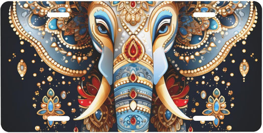 Ethnic Color Animal Elephant Front License Plate for Car Designs Stainless License Plate Cover Holder for Men Women Metal Aluminum Decorative Accessory Vanity Tag Standard 6 X 12 Inch (4 Holes)
