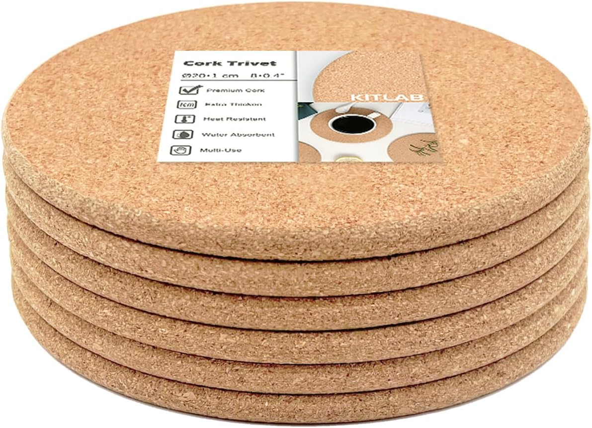 Cork Trivet, 6 Pack High Density Thick Cork Trivets for Hot Dishes and Hot Pots, 8 Inch Heat Resistant Large Coaster for Kitchen, Hot Pads for Table & Countertop