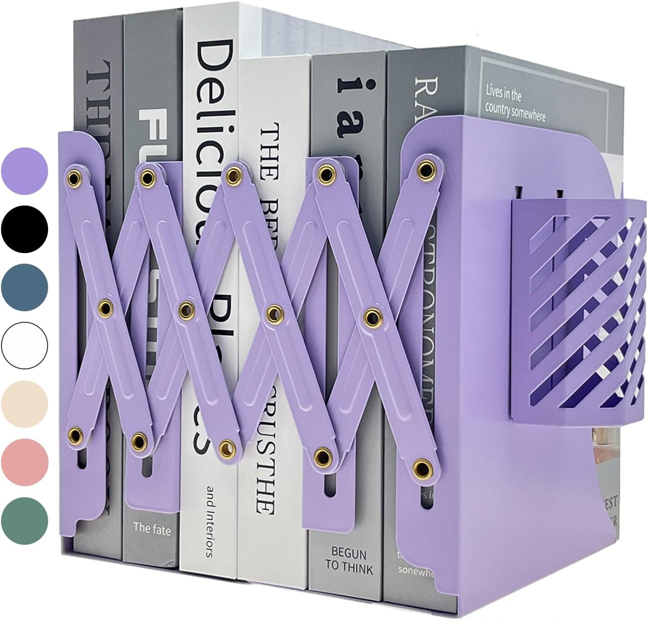 Kingsmile Book Ends, Adjustable Bookends for Shelves, Metal Bookends for Heavy Books, Book Stopper Organzier with Pen Holder for Desk, Kids Room, Office, Classroom, Library, Study Room.(Purple)