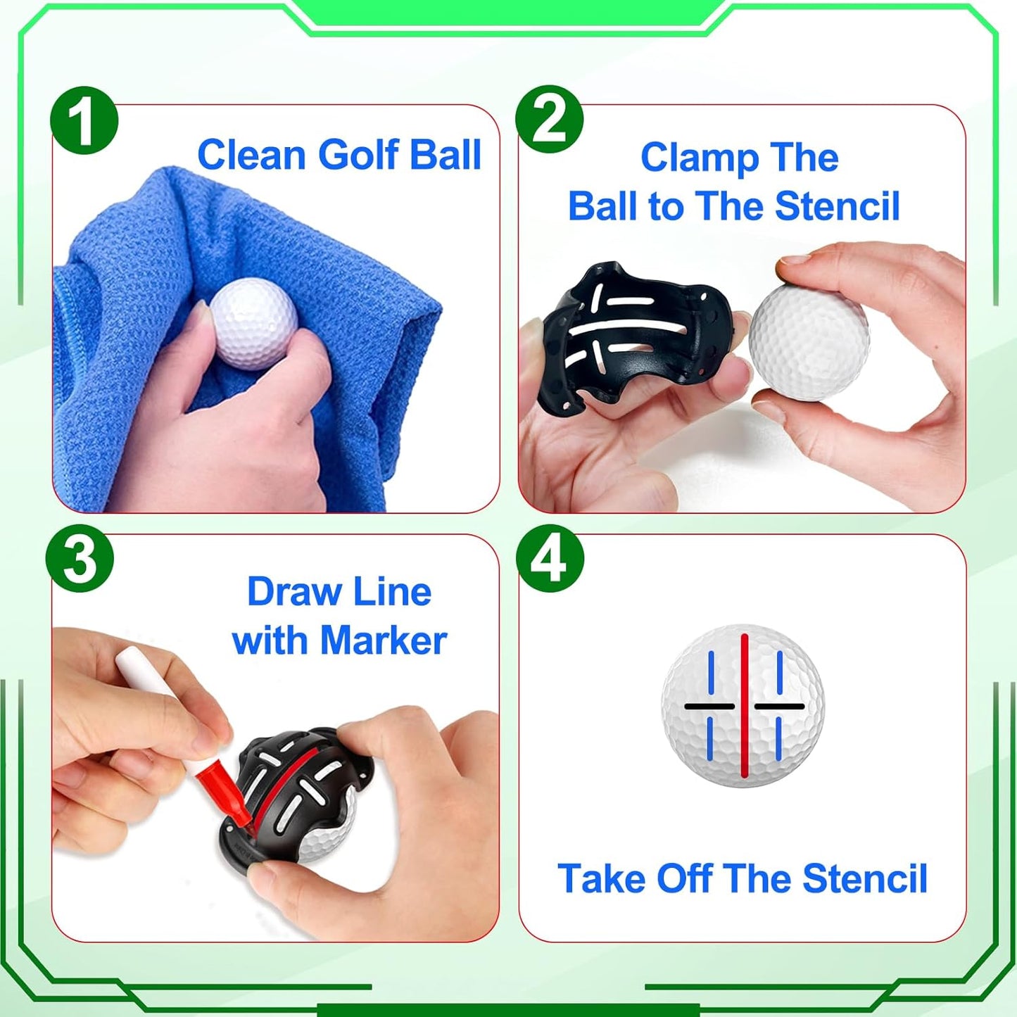 Golf Ball Line Marker Tool, 3 Golf Ball Marker Stencil and 3 Color Golf Ball Line Marker, Golf Ball Alignment Marking Tool, Golf Ball Stencil with Compact Case Easy to Carry Golf Ball Marker