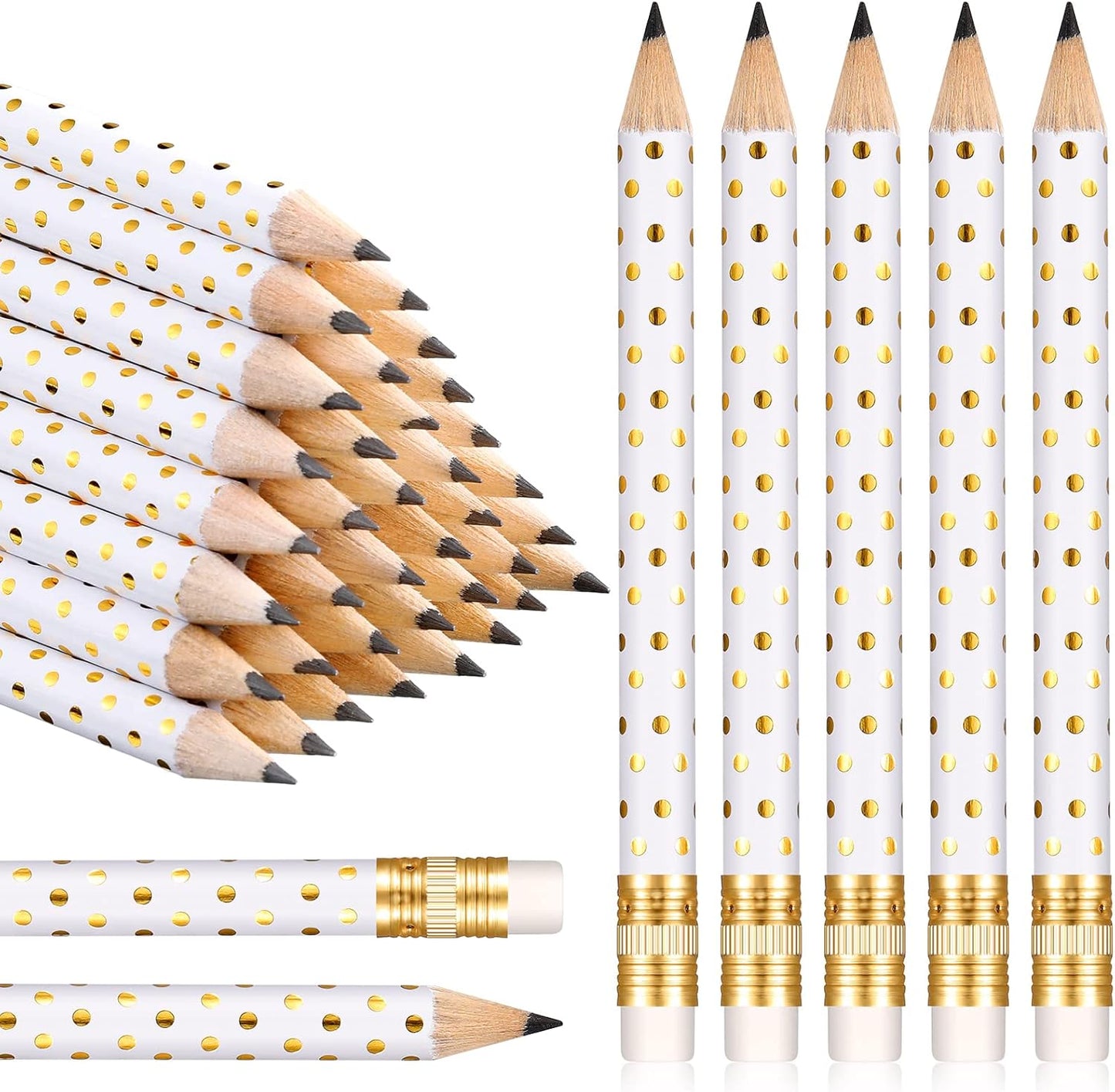 Crtiin 50 Pcs Mini Golf Pencils with Eraser Pre Sharpened 4 Inch Pocket Half Pencils for Bridal Shower Baby Shower Wedding Game School Office Supplies Party Favors Prize Gift(White and Gold,Dot)